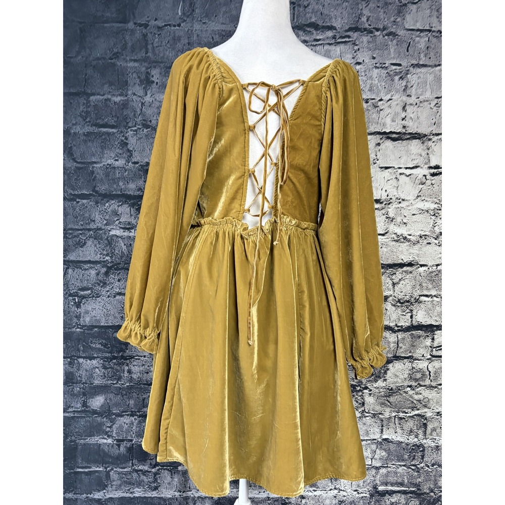 Free People Dress Womens Large Mustard Velvet Smocked Puff Sleeve Lace Up Back - Picture 3 of 15